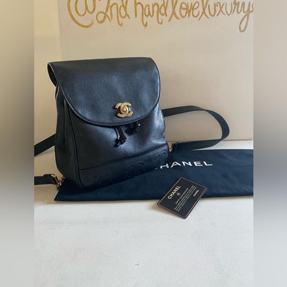 AUTHENTIC CHANEL SMALL VINTAGE BLACK CAVIAR BACKPACK WITH DUST BAG